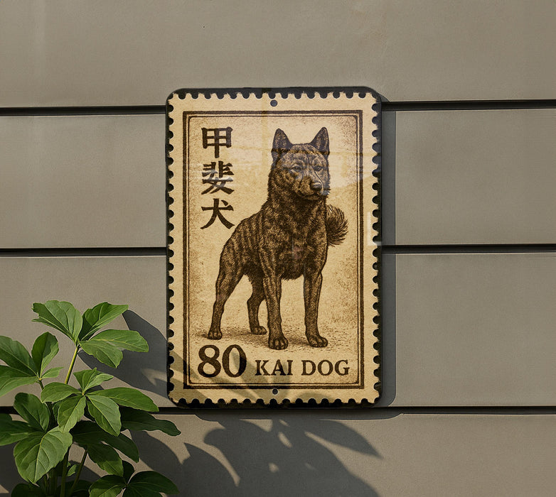 A metal sign with a stamp-like design featuring a dog, mounted on a wall next to a plant.