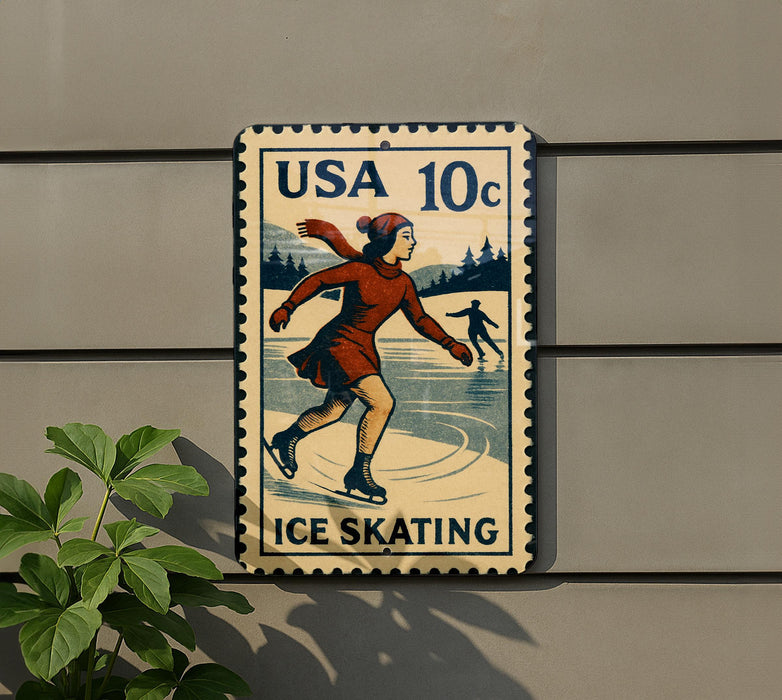 A vintage-style postage stamp featuring a woman ice skating, with the text "USA 10c" and "ICE SKATING" printed on it.