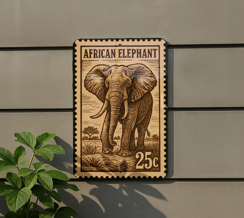 a wooden elephant stamp with the text "African Elephant" and the value "25c".