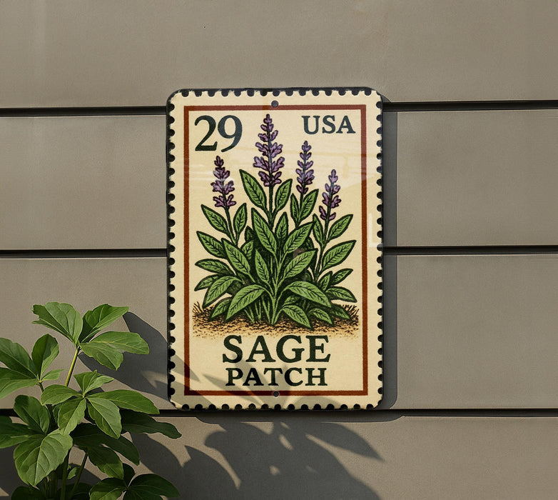 A metal sign with a postage stamp design, featuring a plant illustration and the text "SAGE PATCH" on a wall.