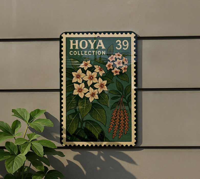 A framed poster with a floral design hangs on a wall, featuring a collection of flowers and leaves.