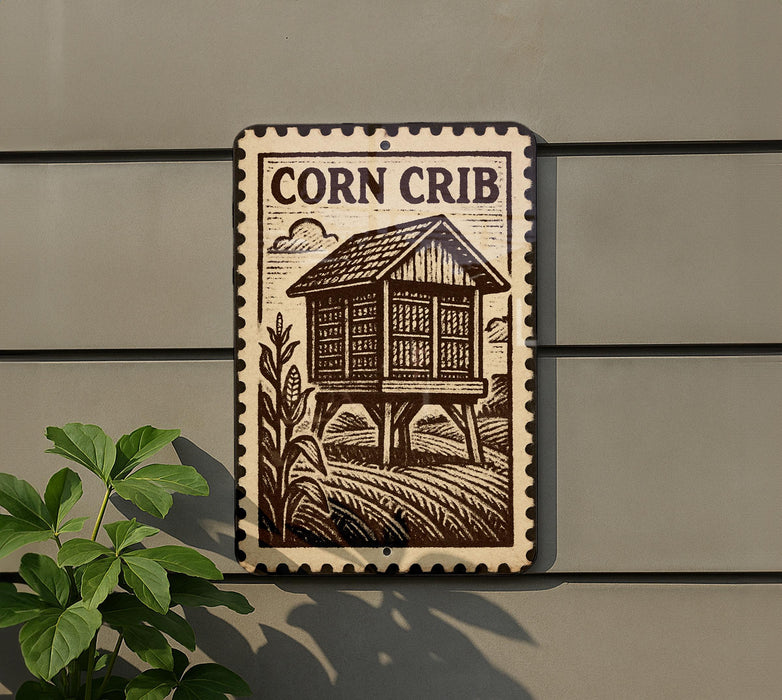 a sign with a picture of a corn crib on a building, mounted on a wall.