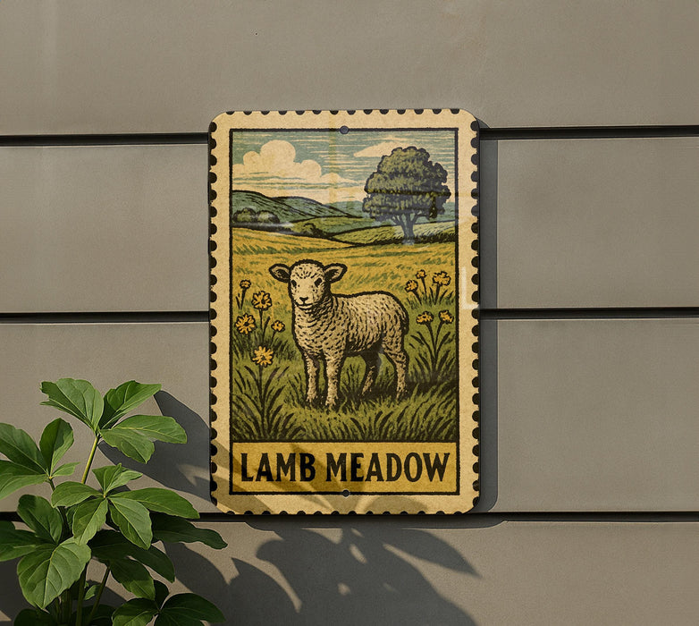 a sign with a lamb standing in a grassy field, surrounded by flowers.