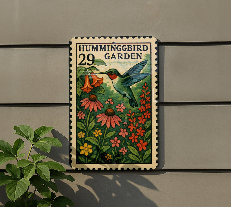 A colorful postage stamp featuring a hummingbird and flowers, mounted on a wall next to a plant.