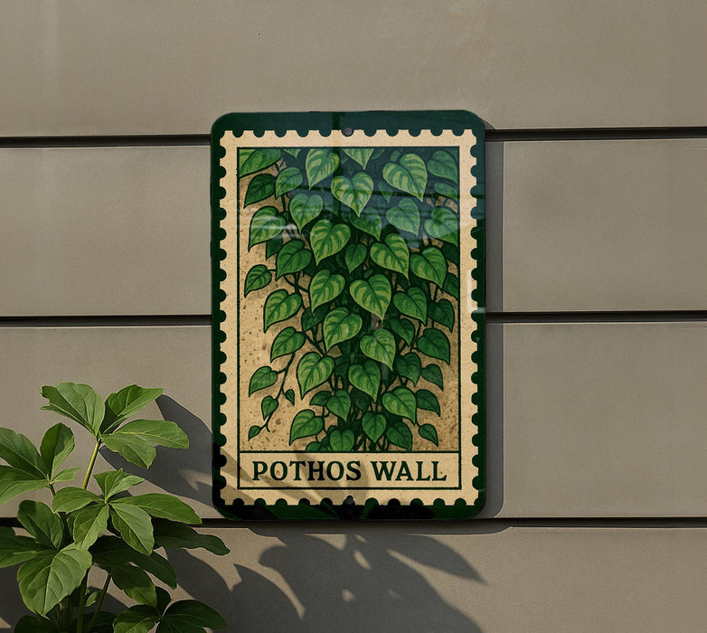 A green and white sign with a plant illustration is mounted on a wall, with a plant visible to the left side of the sign.