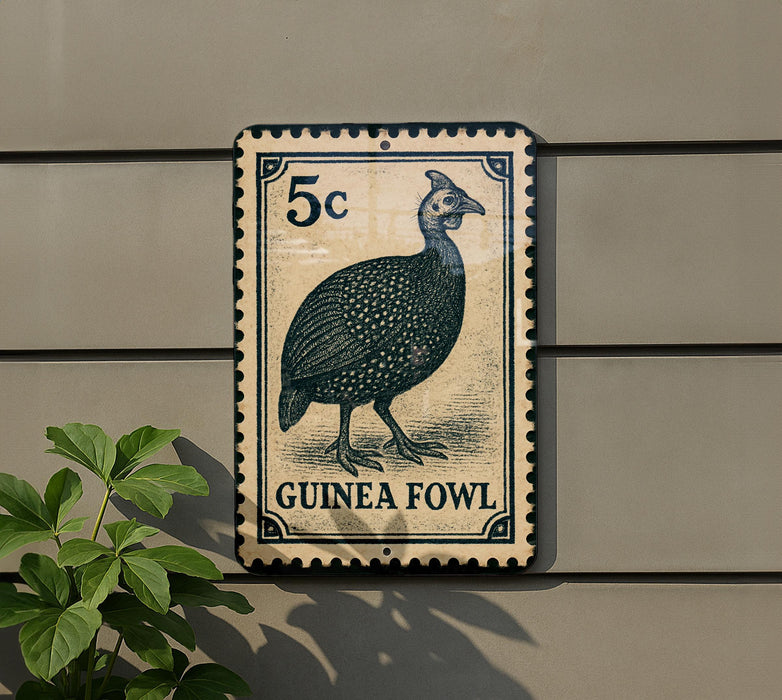 A postage stamp featuring a guinea fowl is displayed on a wall, with a plant visible to the left.
