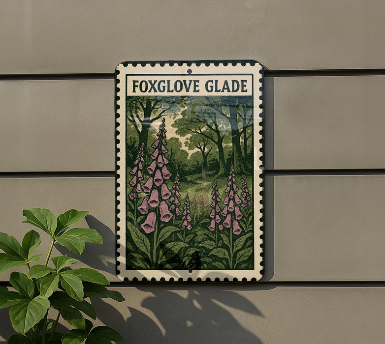 a framed illustration of pink flowers on a wall, with the text "FOXGLOVE GLADE" above the flowers.