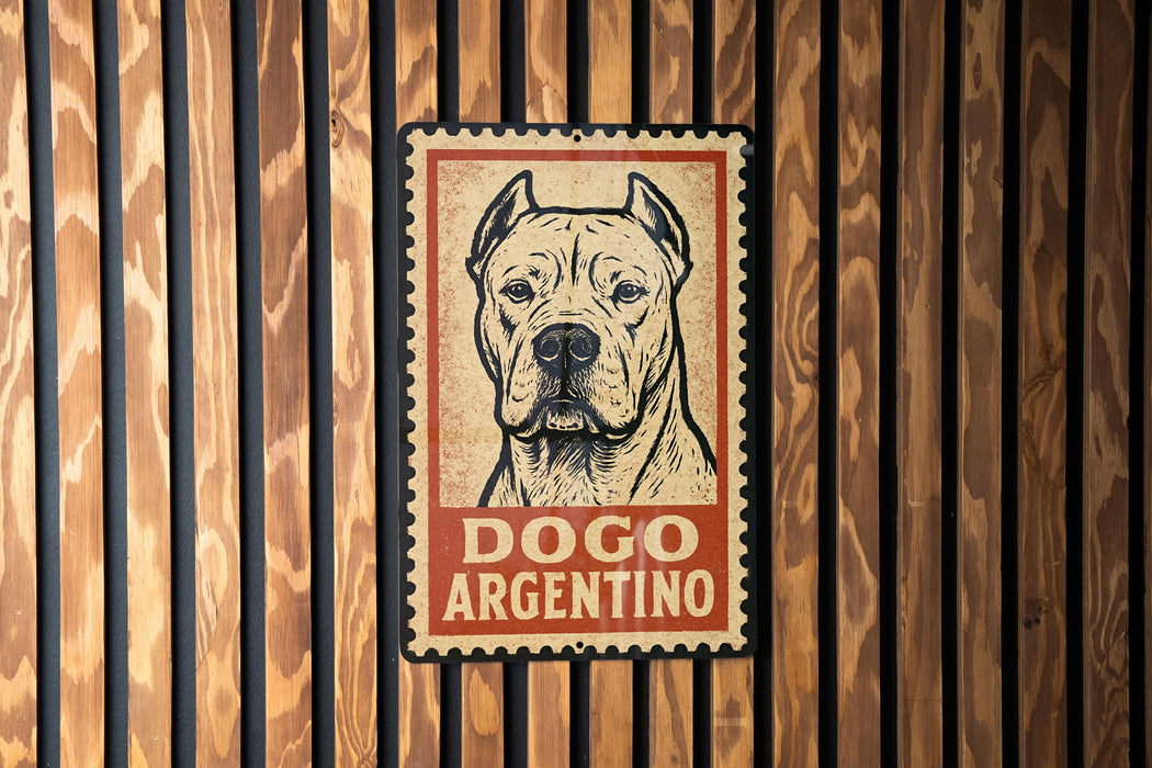 A sign featuring a dog's face with the text "DOGO ARGENTINO" on it, mounted on a wooden wall.