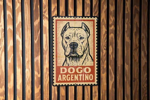 A sign featuring a dog's face with the text "DOGO ARGENTINO" on it, mounted on a wooden wall.