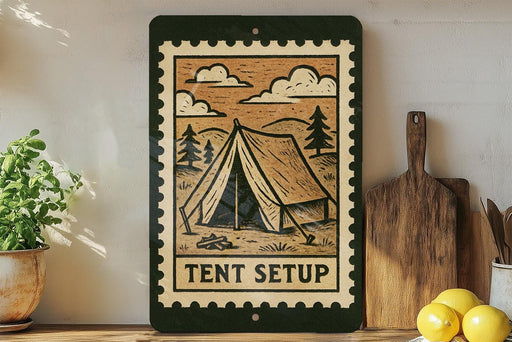 A framed illustration of a tent on a wall, with the text "TENT SETUP" below it, is displayed next to a wooden cutting board and a potted plant.