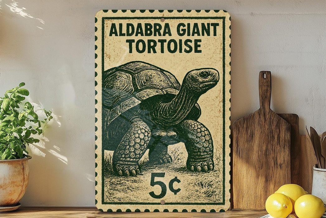 A vintage-style stamp featuring an illustration of a tortoise, with the text "ALDABRA GIANT TORTOISE" and a price of 5 cents.