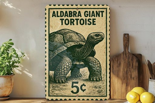 A vintage-style stamp featuring an illustration of a tortoise, with the text "ALDABRA GIANT TORTOISE" and a price of 5 cents.