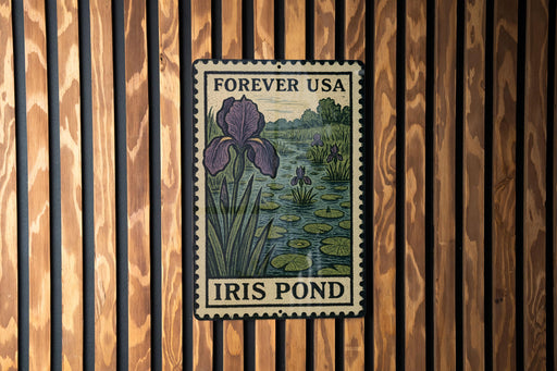 A vintage Forever USA postage stamp featuring an illustration of an iris pond, with the text "Forever USA" and "Iris Pond" printed on it.