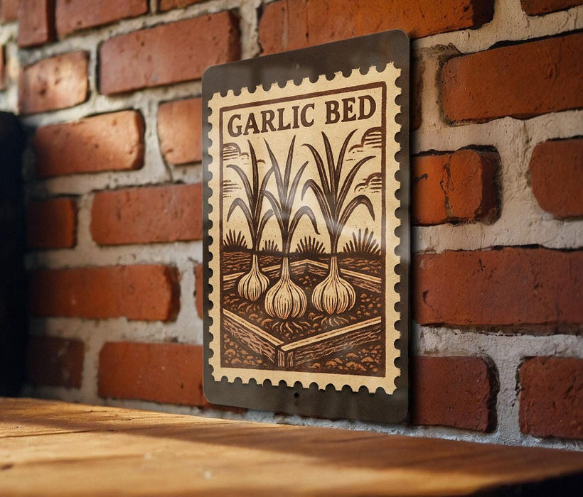 A metal sign with a vintage-style illustration of garlic bulbs mounted on a brick wall.