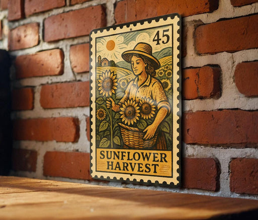 A vintage-style metal stamp depicting a woman holding a basket of sunflowers, with the text "SUNFLOWER HARVEST" on it, is displayed on a brick wall.