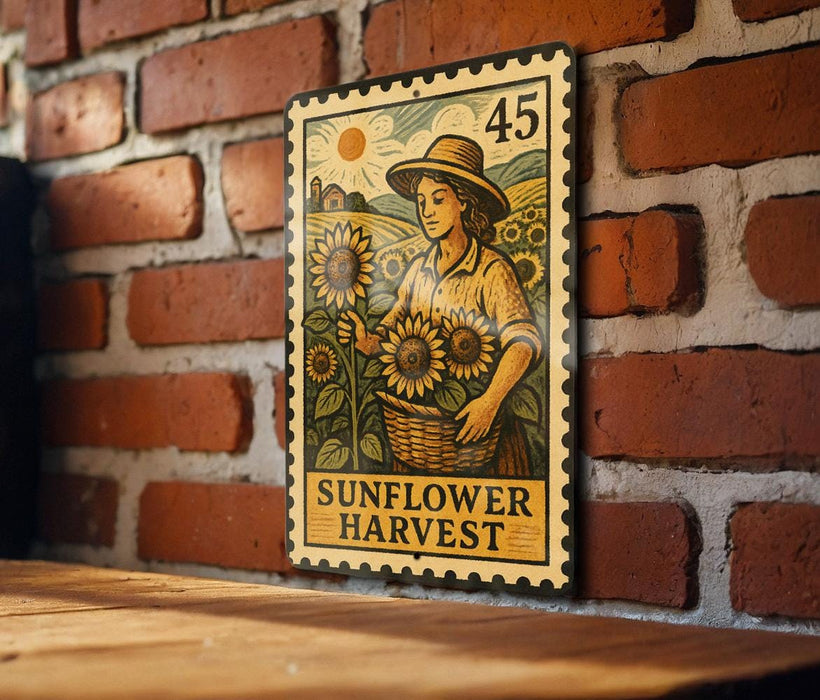 A vintage-style metal stamp depicting a woman holding a basket of sunflowers, with the text "SUNFLOWER HARVEST" on it, is displayed on a brick wall.