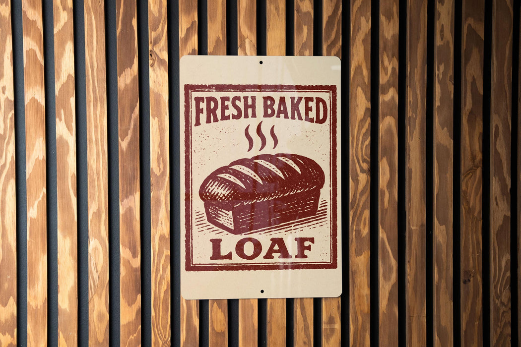 A sign that reads "FRESH BAKED LOAF" is displayed on a wooden wall.