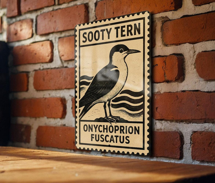 a wooden sign with a black and white illustration of a bird, mounted on a brick wall.