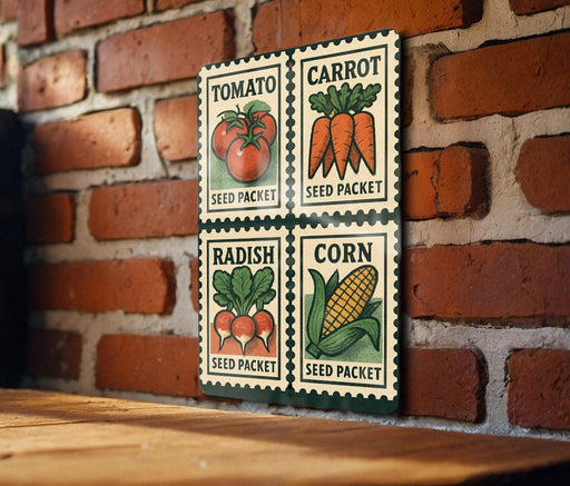 four seed packets, each depicting a different vegetable: tomatoes, carrots, radishes, and corn.