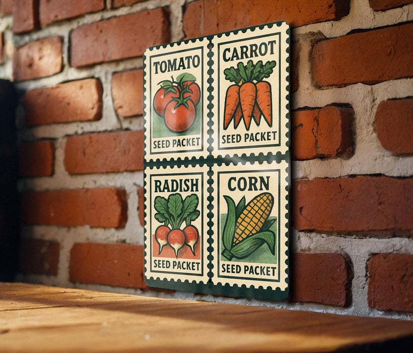 four seed packets, each depicting a different vegetable: tomatoes, carrots, radishes, and corn.