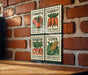four seed packets, each depicting a different vegetable: tomatoes, carrots, radishes, and corn.