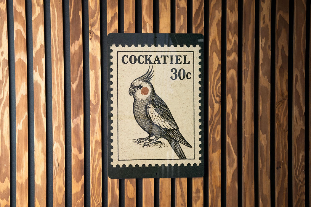 A black and white postage stamp featuring a detailed illustration of a cockatoo, with the text "COCKATIEL 30c" printed on it.
