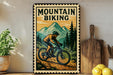 A vintage-style metal sign with a mountain landscape and a person riding a bicycle, mounted on a wall.
