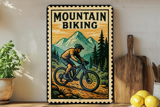 A vintage-style metal sign with a mountain landscape and a person riding a bicycle, mounted on a wall.