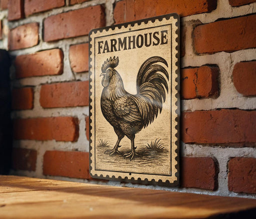 A vintage-style metal sign with a rooster illustration is mounted on a brick wall.