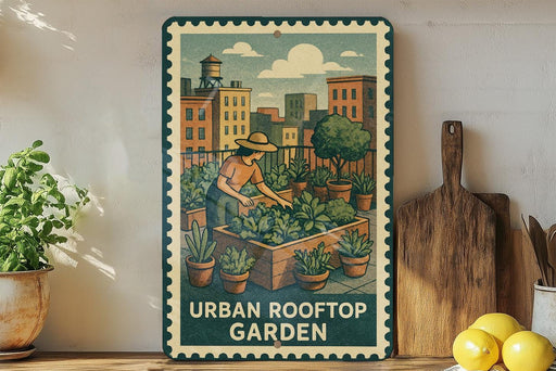 A vintage-style metal sign with an illustration of a woman tending to a garden, surrounded by potted plants, is displayed on a shelf next to a wooden cutting board and some lemons.