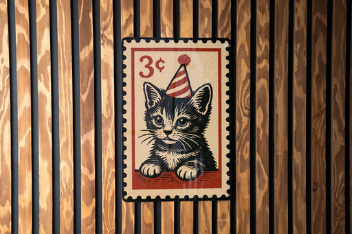 A vintage-style 3-cent stamp featuring a cat wearing a party hat, displayed on a wooden background.