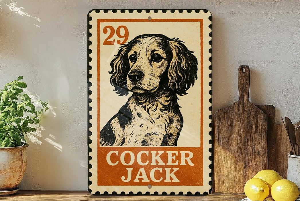 a vintage-style metal sign with a black and white illustration of a cocker jack dog, placed on a wooden surface next to a potted plant and a wooden cutting board.
