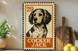 a vintage-style metal sign with a black and white illustration of a cocker jack dog, placed on a wooden surface next to a potted plant and a wooden cutting board.