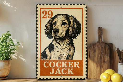 a vintage-style metal sign with a black and white illustration of a cocker jack dog, placed on a wooden surface next to a potted plant and a wooden cutting board.