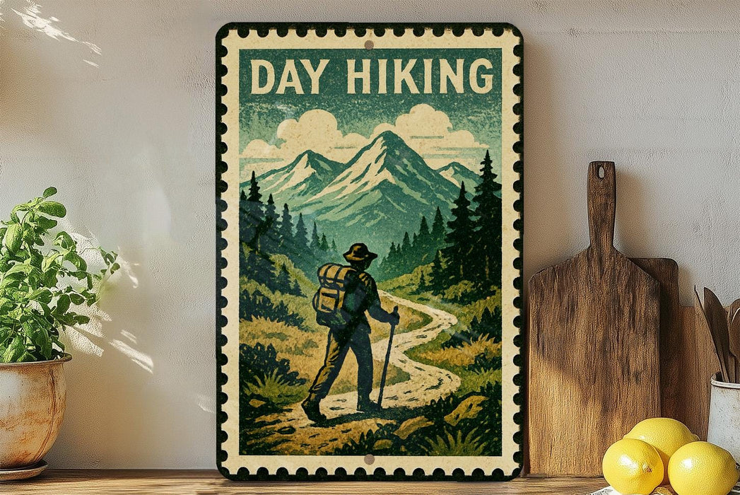 a vintage-style metal sign with a hiker walking on a trail through a mountainous landscape, surrounded by pine trees and a cloudy sky.