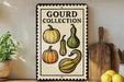 A decorative sign for a gourd collection, featuring illustrations of various gourds and a pumpkin, placed on a wooden surface next to kitchen utensils.