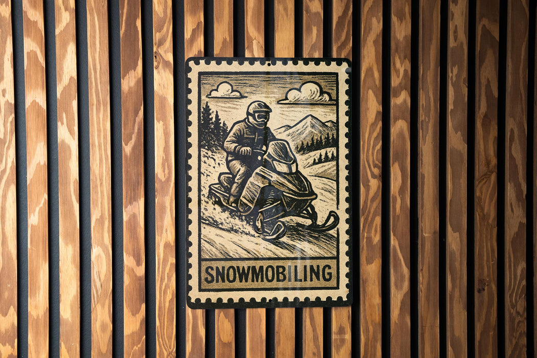 A metal sign with a snowmobile and the word "snowmobiling" printed on it, mounted on a wooden wall.