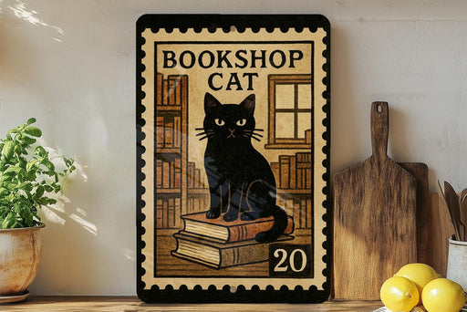 A black cat sitting on a stack of books, with a "Bookshop Cat" stamp-like design, is displayed on a shelf next to a wooden cutting board and a potted plant.