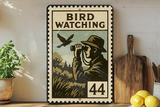 a vintage-style stamp-like sign with a bird watching illustration, placed on a wooden surface next to a potted plant and a wooden cutting board.