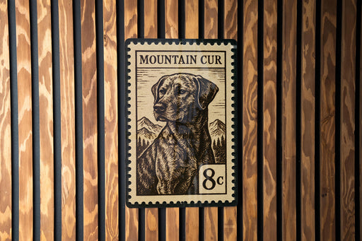 A metal plate with a printed image of a dog, resembling a postage stamp, mounted on a wooden wall.