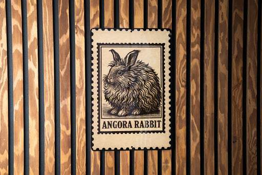A metal sign with a rabbit illustration is mounted on a wooden wall.