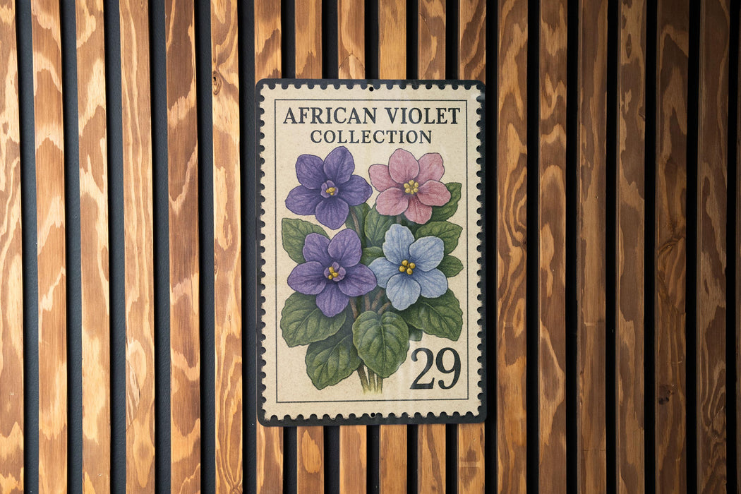 A postage stamp featuring a floral illustration of purple and pink flowers, with the text "African Violet Collection" and the number "29" printed on it.