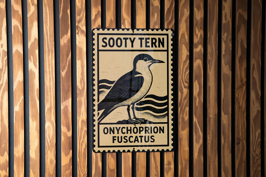 A sign for the Sooty Tern, a species of seabird, mounted on a wooden wall.