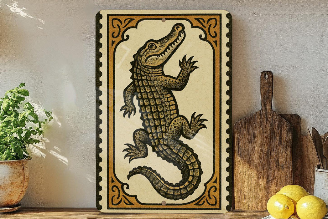 a decorative ceramic plate with a detailed illustration of a crocodile, placed on a wooden surface next to a wooden cutting board and a potted plant.