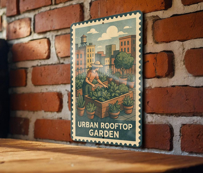 A vintage-style metal sign with an illustration of a person tending to a garden, mounted on a brick wall.