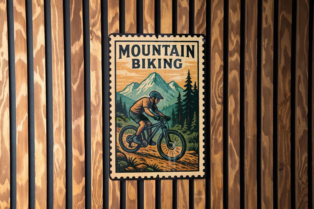 A vintage-style metal sign with a mountain landscape and a person riding a bicycle, mounted on a wooden wall.