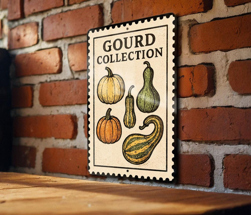 A sign for a gourd collection is displayed on a brick wall, featuring illustrations of various gourds.