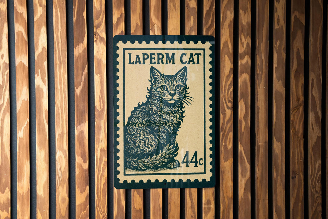 A postage stamp featuring a cat, with the text "LAPERM CAT 44c" printed on it.