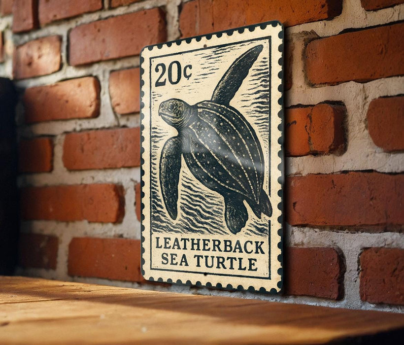 A 20c postage stamp featuring a sea turtle on a brick wall.