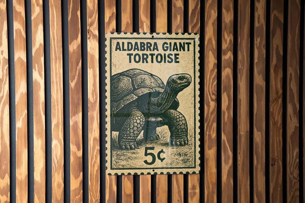 A postage stamp featuring an illustration of a tortoise, with the text "ALDABRA GIANT TORTOISE" and the denomination "5¢".